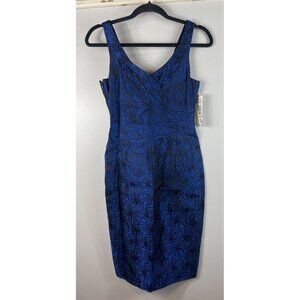 NWT Anne Klein Dress Blue Black Print Sheath Sleeveless Ruched Waist Size 2